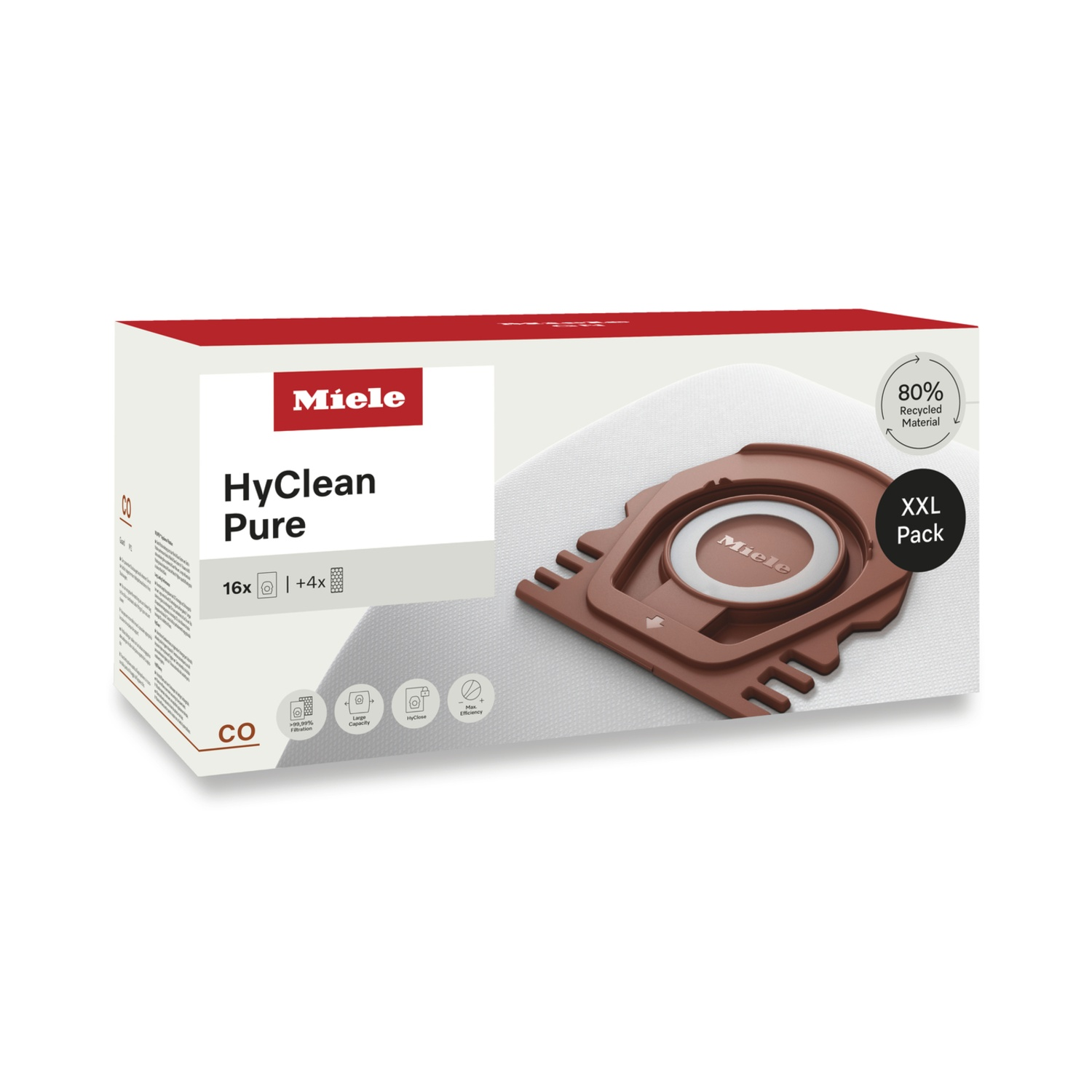 Een verpakking stofzuigerzakken Miele HyClean Pure wordt getoond. De doos is wit met rode accenten en een bruin filter.