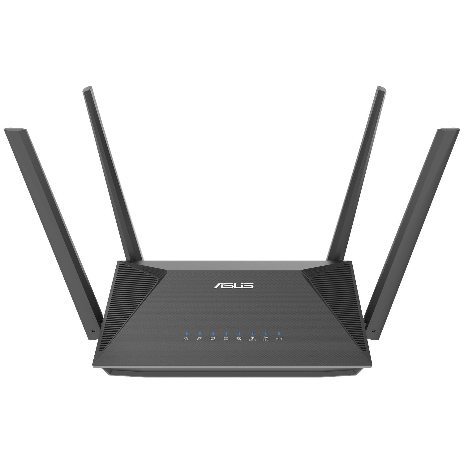 A black ASUS router with five antennas. It has indicator lights and the ASUS logo. The background is white.