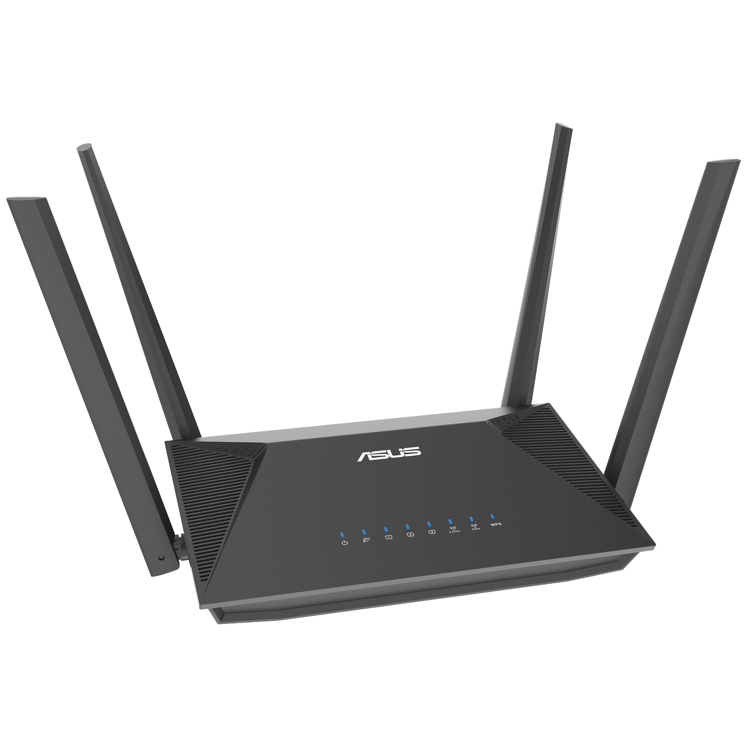 A black ASUS router with four antennas. The router has several blue indicator lights and the ASUS logo is visible on the top.