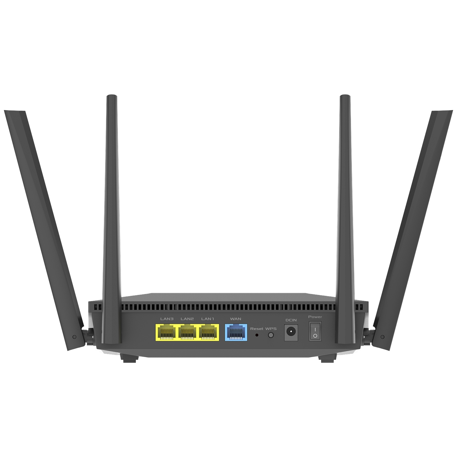 A black router with five antennas, ports labeled LAN1-3 and WAN, and power and reset buttons.