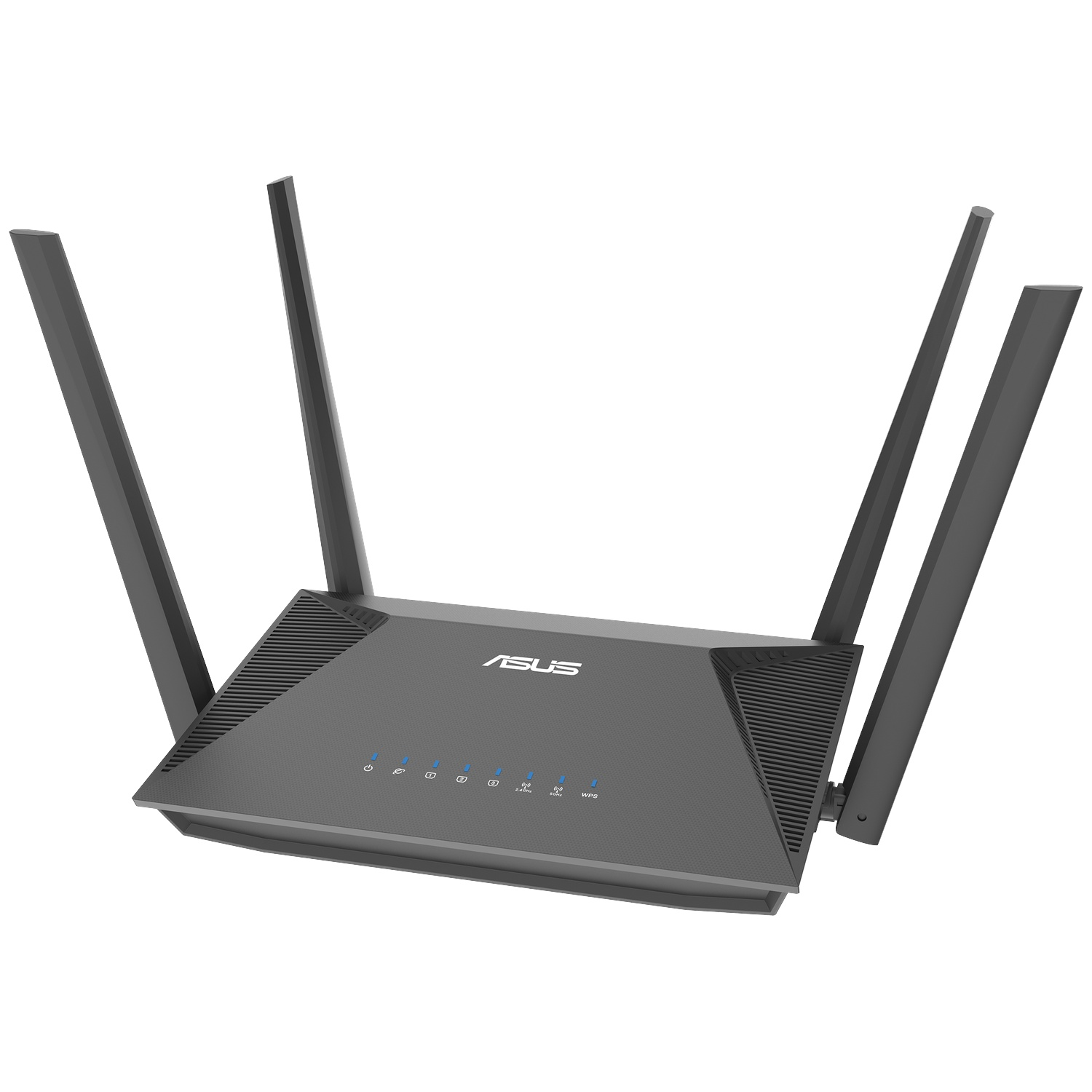 A gray ASUS router with four antennas. It has blue status lights and the ASUS logo. The background is white.