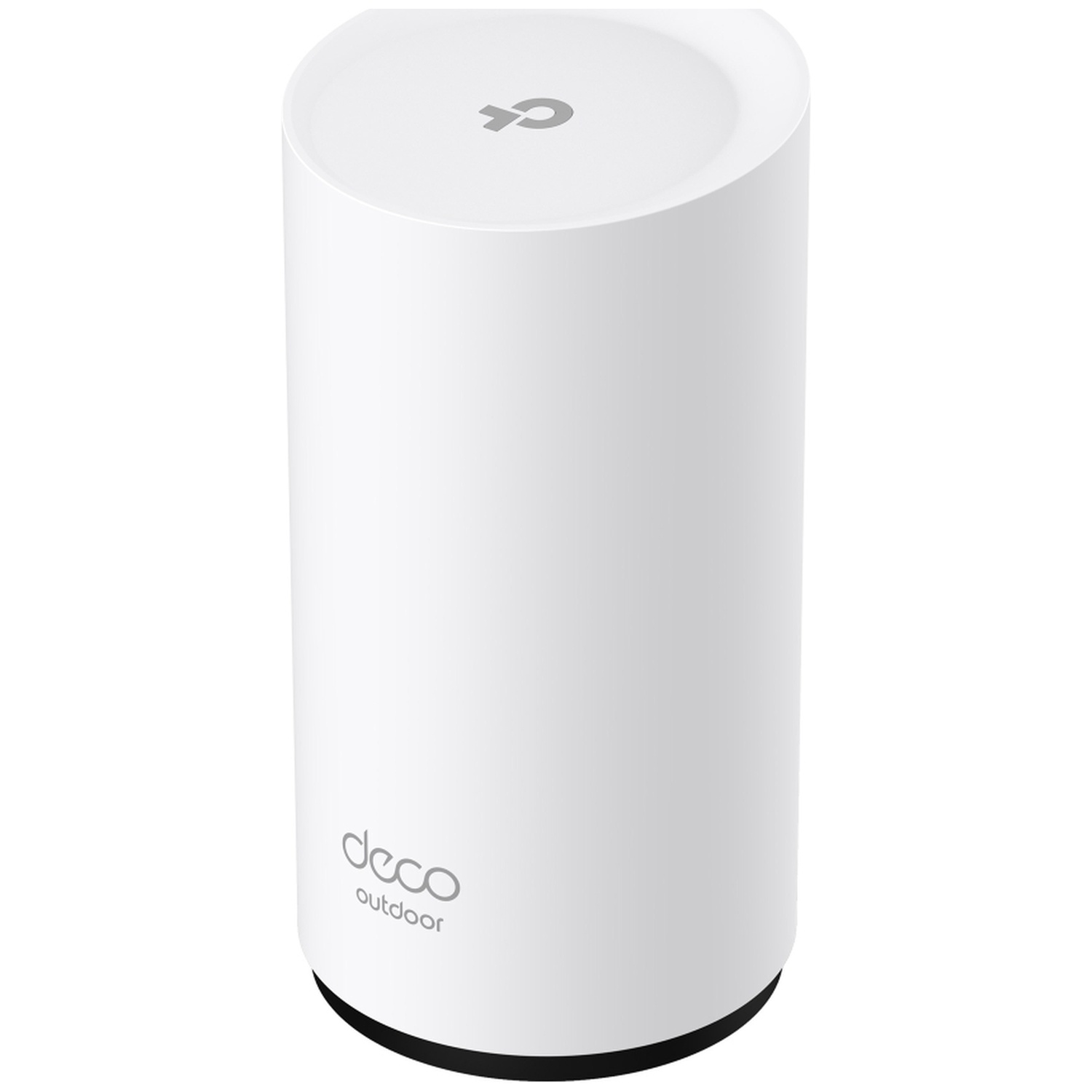 Un appareil cylindrique blanc avec un logo gris sur le dessus et le mot 'deco outdoor' imprimé sur le côté.