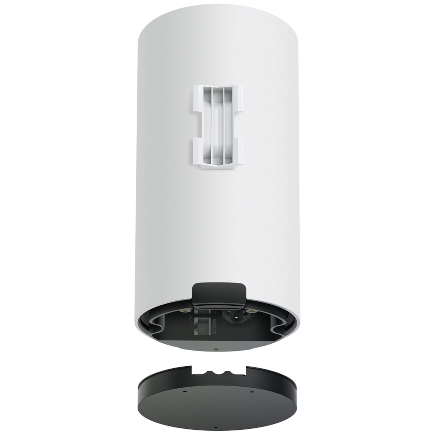 Un appareil cylindrique blanc avec une base et un dessus noirs. La base est détachée, révélant des composants internes. Une ventilation blanche est sur le côté.