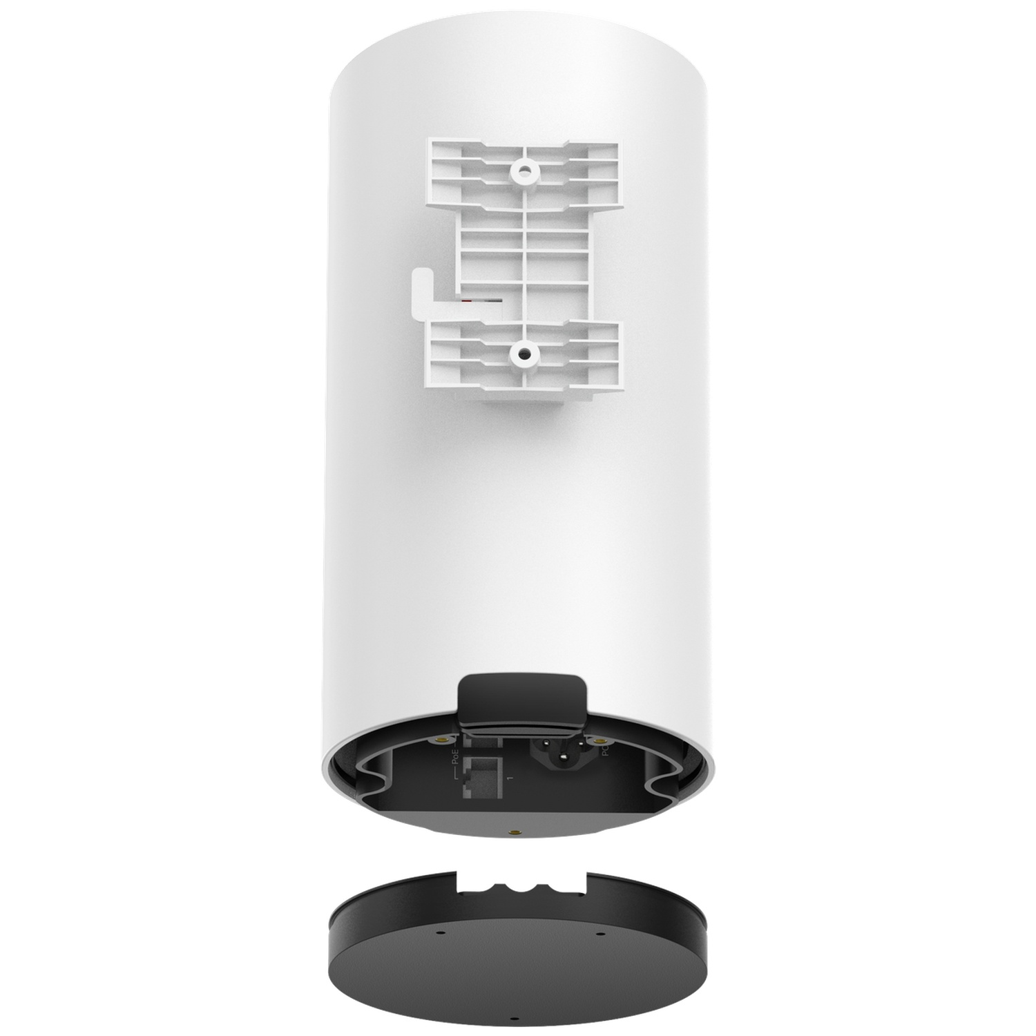 Un appareil cylindrique blanc avec une base et un couvercle noirs. Le dessus a un support en plastique blanc. La base est séparée.