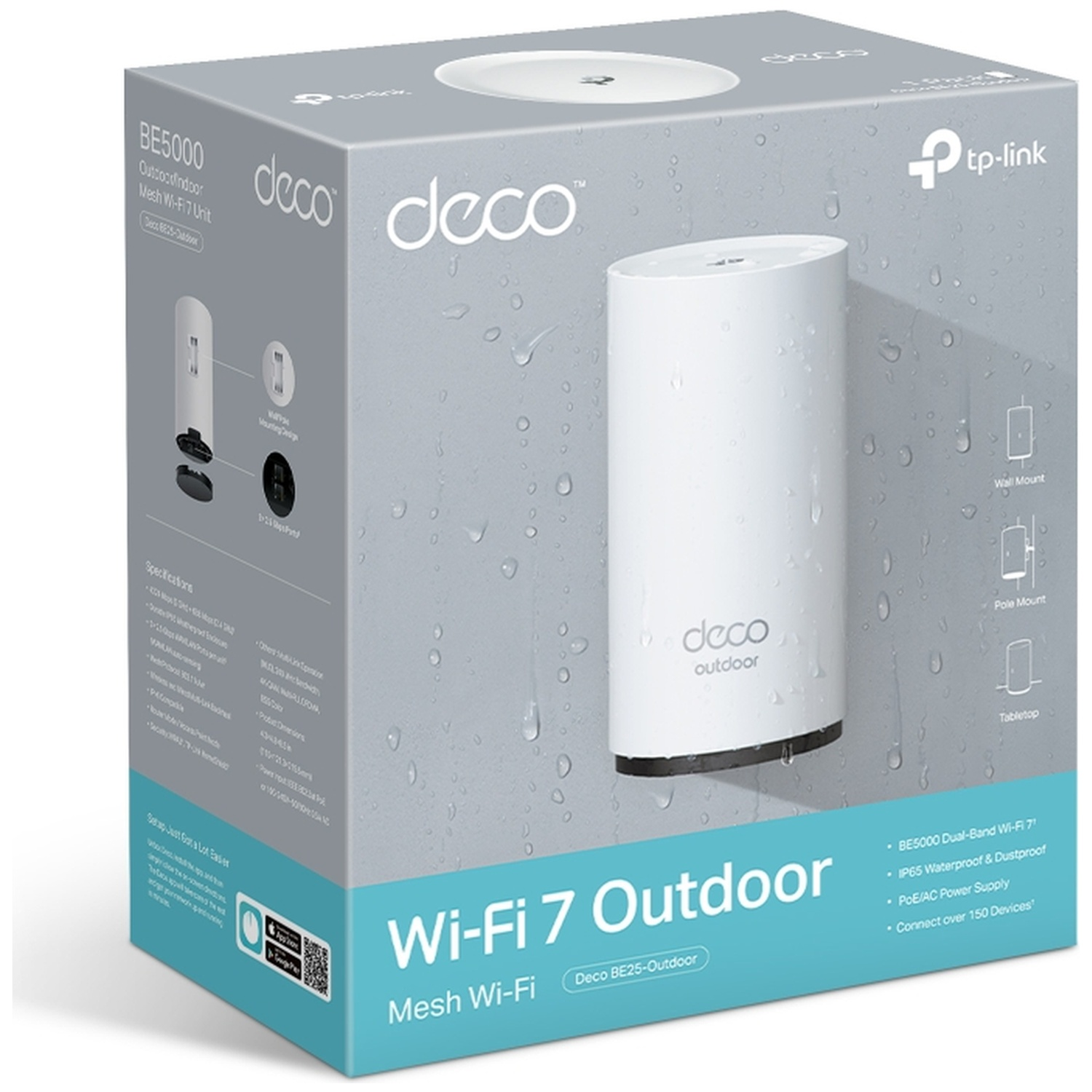 Une boîte blanche TP-Link Deco BE5000 Wi-Fi 7 pour extérieur avec un appareil cylindrique. La boîte contient des spécifications, des fonctionnalités et un QR code.