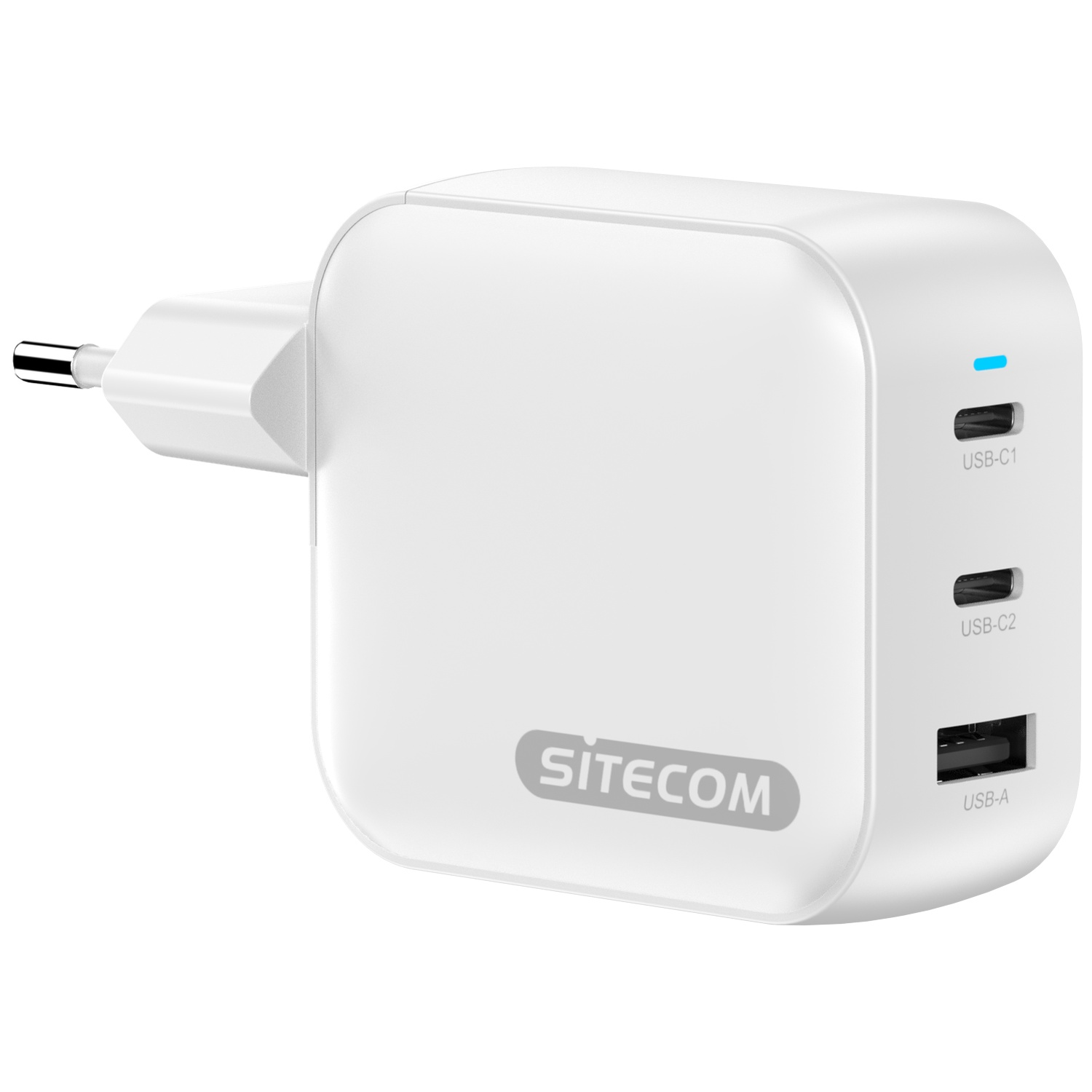 Chargeur USB Sitecom blanc avec trois ports (USB-C1, USB-C2, USB-A) et prise EU. Une lumière bleue indique l'alimentation.
