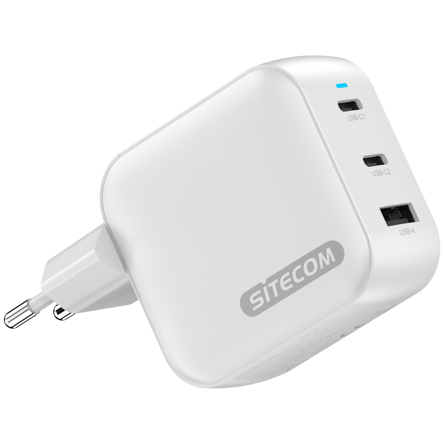 Chargeur Sitecom blanc avec ports USB-C et USB-A. Comprend une prise et un voyant lumineux. Le chargeur est sur fond blanc.