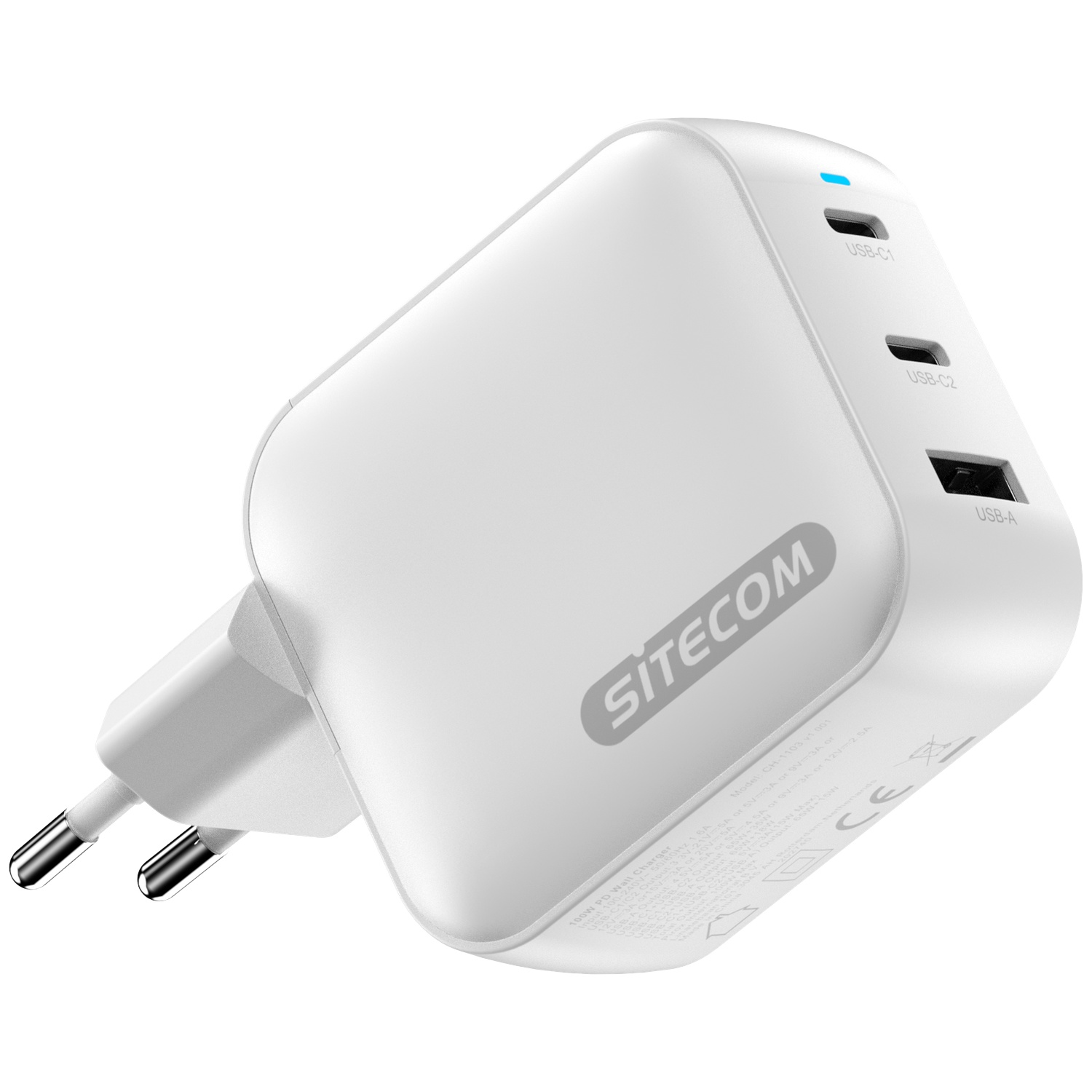 Chargeur USB Sitecom blanc avec trois ports et une prise. Il dispose de ports USB-C et USB-A. La lumière bleue indique l'alimentation.