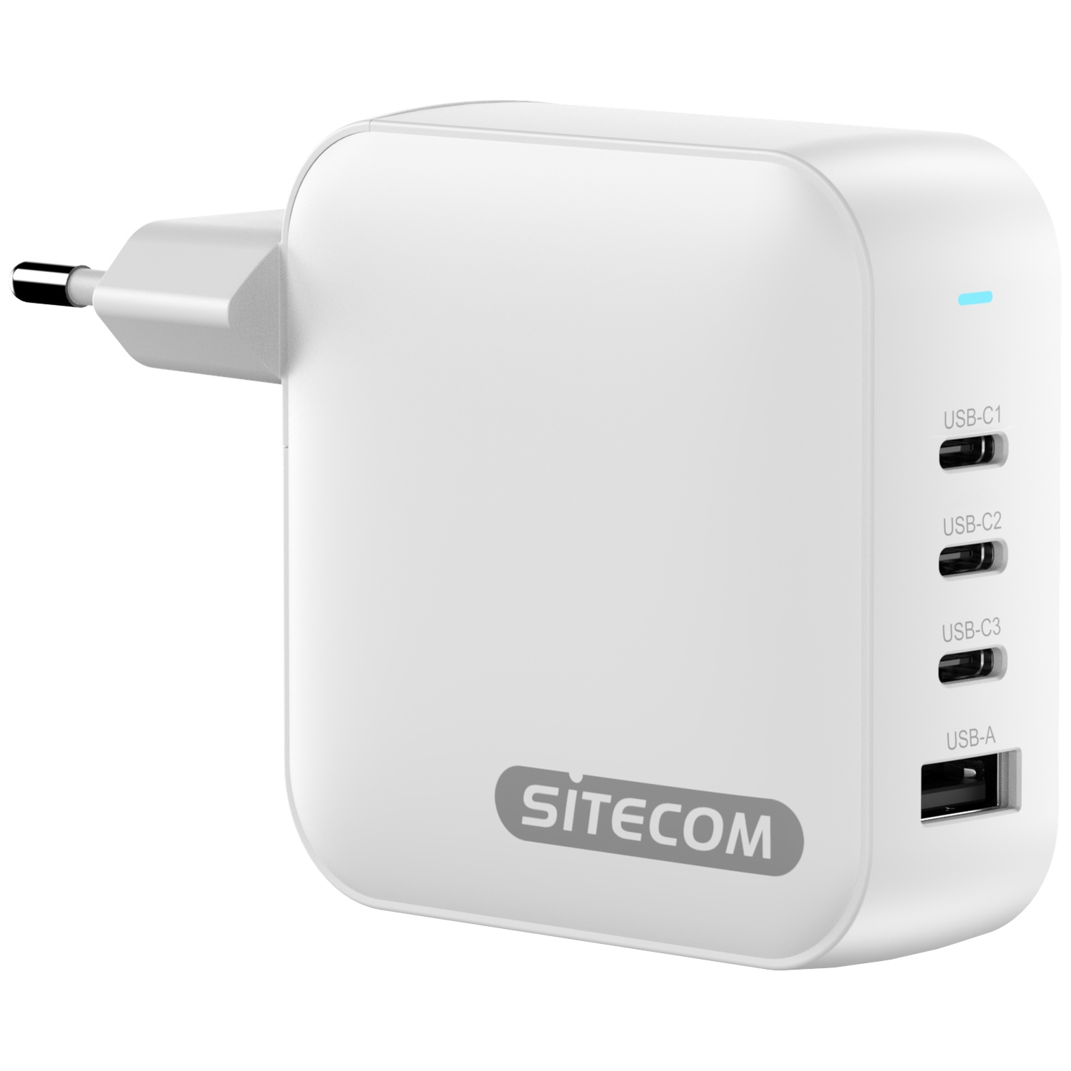 Chargeur USB Sitecom blanc avec quatre ports, une prise et une lumière bleue. Ports : USB-C1, USB-C2, USB-C3 et USB-A.
