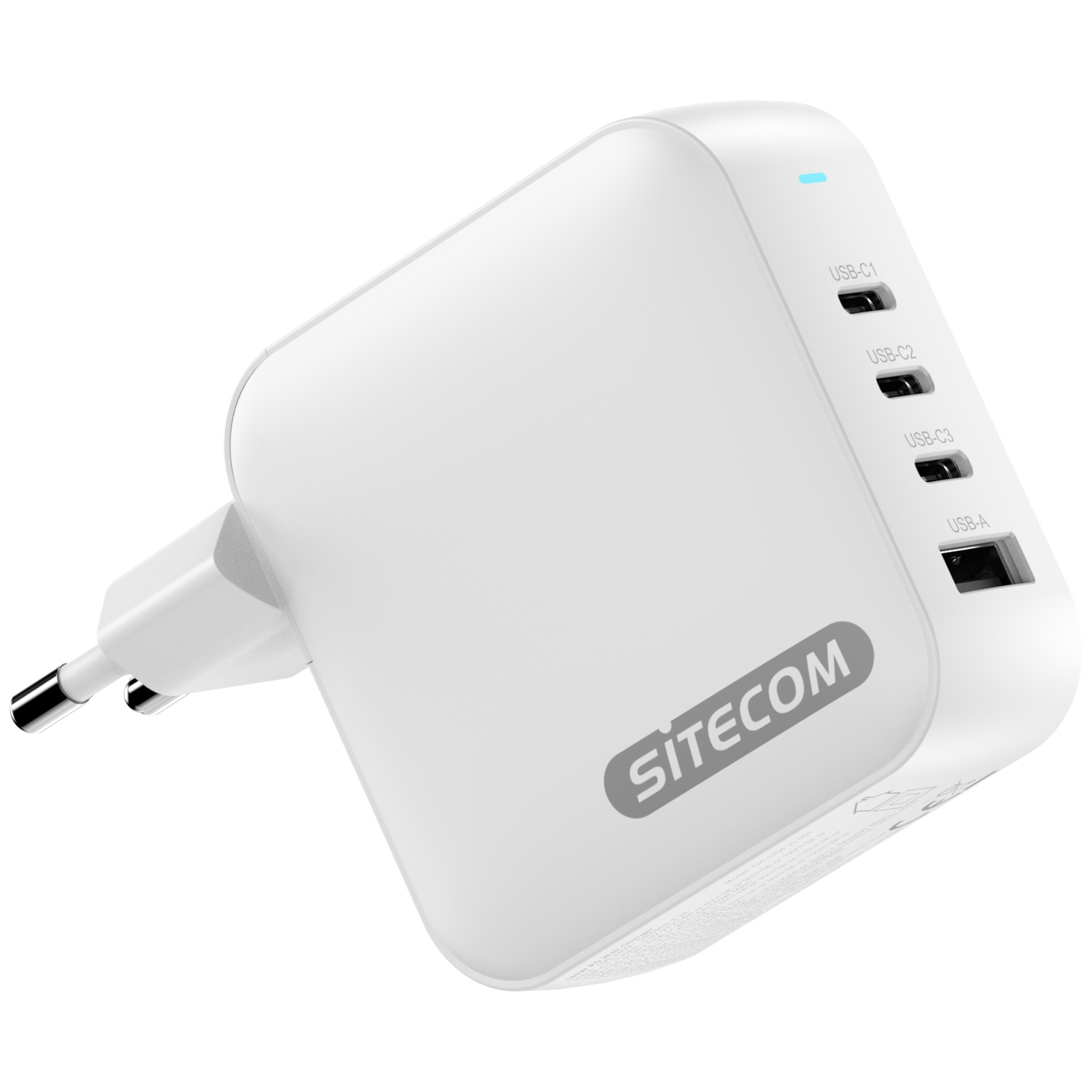Un chargeur Sitecom blanc avec plusieurs ports USB. Il a une prise et un indicateur lumineux. Le logo est visible.
