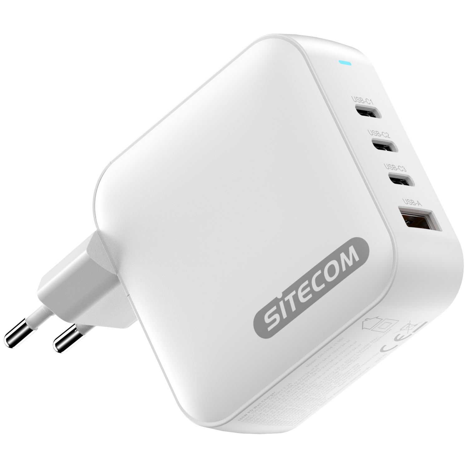 Un chargeur Sitecom blanc avec plusieurs ports USB. Il a une prise et le nom de la marque sur le côté. Le chargeur est sur fond blanc.