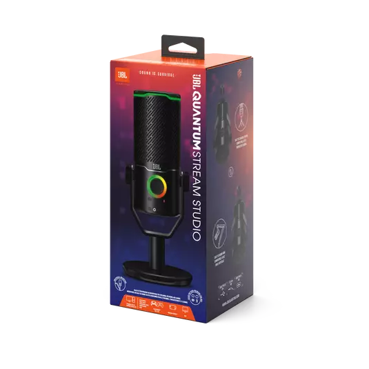 JBL Quantum Stream Studio mikrofon kutusunda. Kutu turuncu, siyah ve mavi. Mikrofon siyah ve yeşil detaylı.