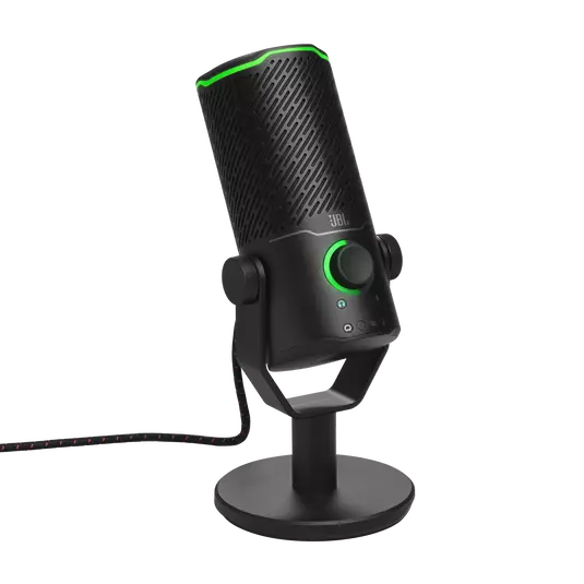 Yeşil ışıklı üst kısma ve ses kontrolüne sahip siyah bir JBL mikrofon. Kablo bağlantılı yuvarlak bir taban üzerinde duruyor.