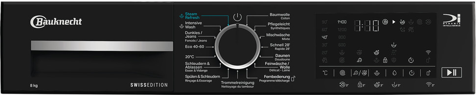 Pannello di controllo della lavatrice nero con pulsanti, un quadrante e un display digitale. Il marchio è Bauknecht, Swiss Edition.