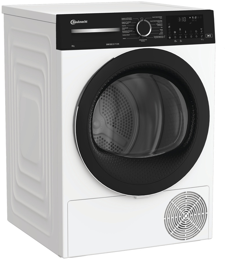 Un sèche-linge Bauknecht blanc. Il a un bord de porte et un panneau de commande noirs. Un affichage numérique et un bouton rond sont visibles.
