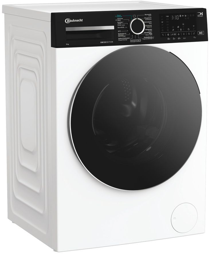 Un lave-linge Bauknecht blanc. Il a un panneau de commande noir et une grande porte vitrée sombre. La machine est sur une surface blanche.