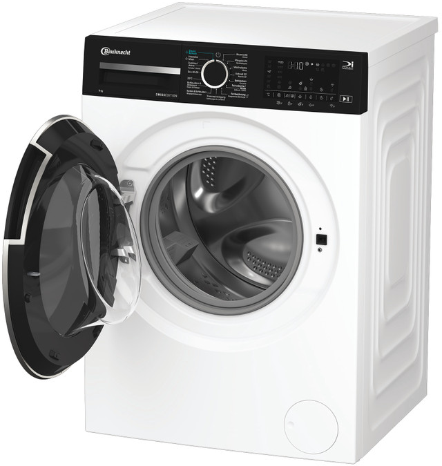 Une machine à laver blanche avec une porte ouverte. Le panneau de contrôle est noir. La marque est visible.