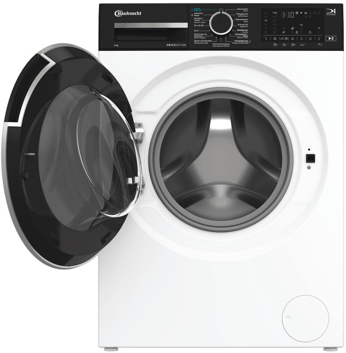 Une machine à laver blanche avec une porte en verre noir ouverte. Elle a un écran numérique et un panneau de contrôle.