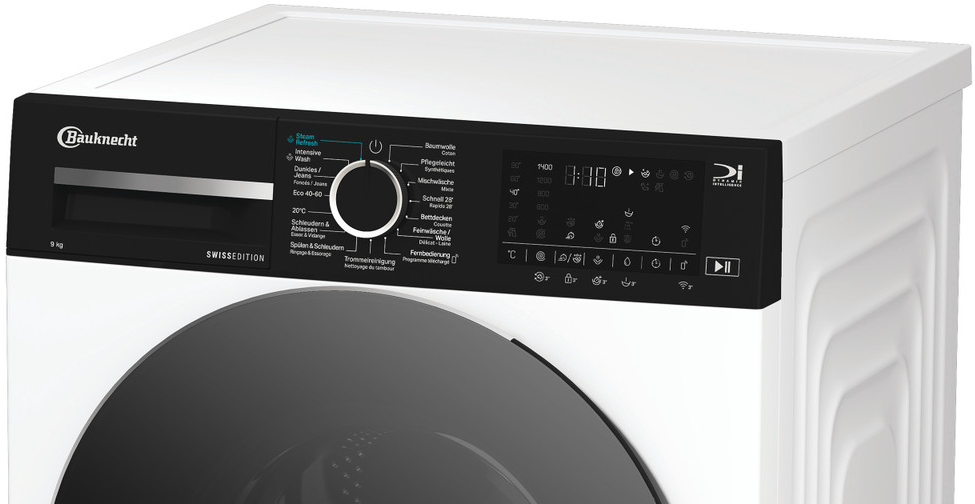 Un lave-linge Bauknecht blanc avec un panneau de commande noir et une porte vitrée sombre. Le panneau a des boutons et un affichage numérique.