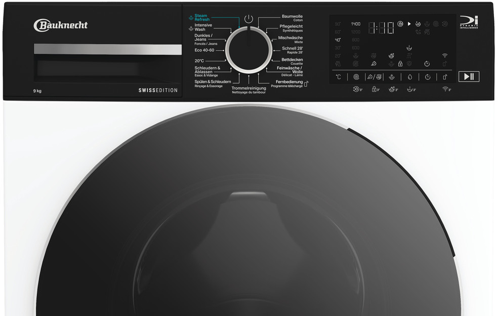Panneau de commande de machine à laver. Noir avec accents blancs. Comprend un cadran, des boutons et un affichage numérique des options et réglages.