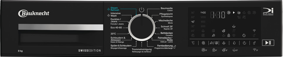 Panneau de commande de machine à laver noir avec boutons et cadran. Affiche cycles de lavage, température et réglages de temps.