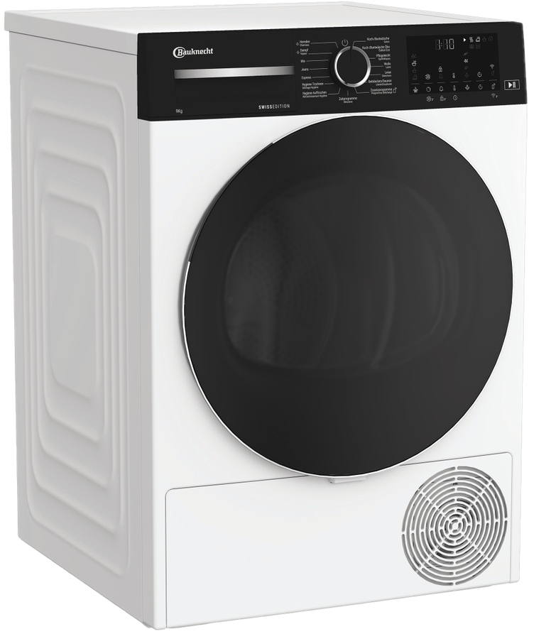 Un sèche-linge Bauknecht blanc avec un panneau de commande et une porte noirs. Il a une porte ronde et un ventilateur en bas à droite.