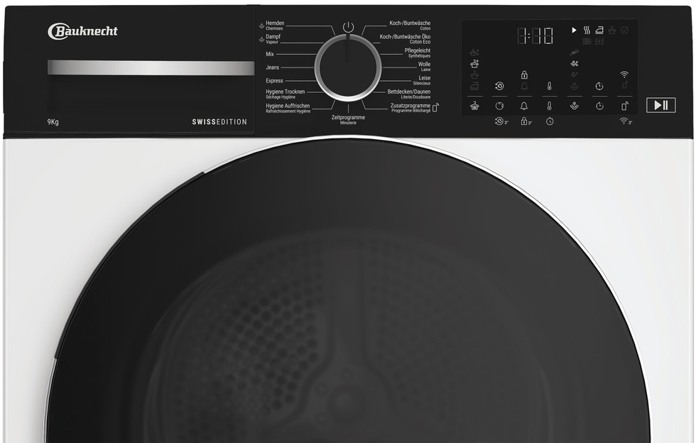 Un sèche-linge Bauknecht blanc et noir. Il a un panneau de commande en haut, une porte ronde et divers icônes et réglages.