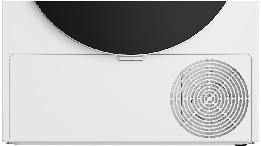 Gros plan d'un appareil blanc. Une section incurvée noire est située au-dessus d'un panneau blanc avec un ventilateur à droite.