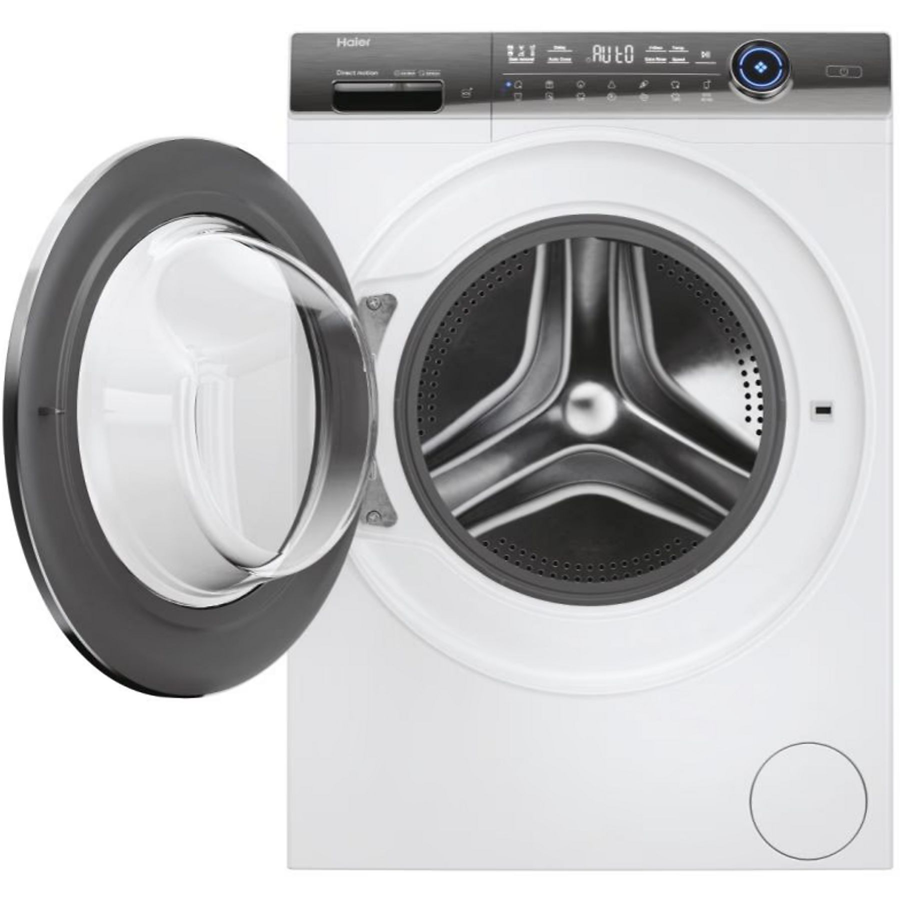 Eine weiße Haier-Waschmaschine mit offener Tür. Die Tür ist transparent und das Bedienfeld befindet sich oben.