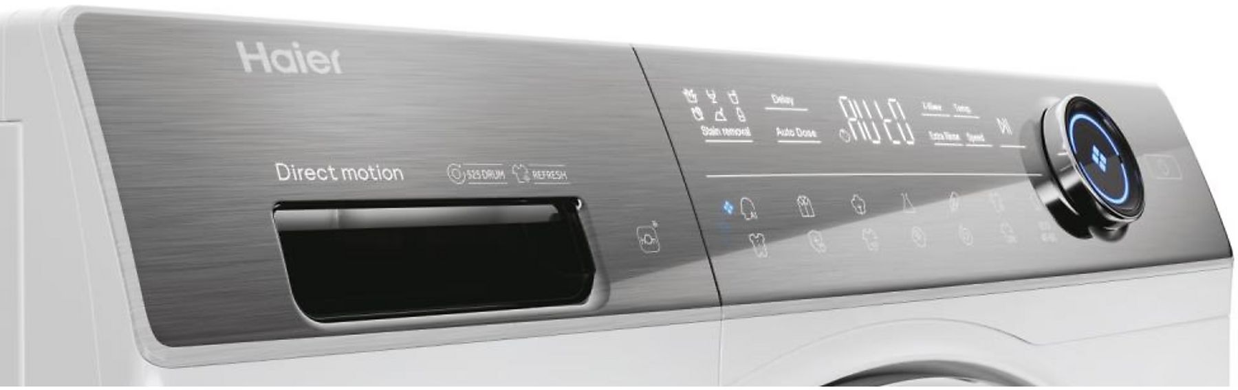Nahaufnahme des Bedienfelds einer Haier Waschmaschine. Merkmale sind ein Digitaldisplay, Tasten und ein Drehregler.
