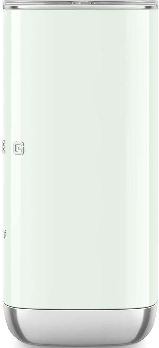 Una borraccia Smeg verde chiaro con coperchio e base argentati. Il logo Smeg è visibile sul lato.