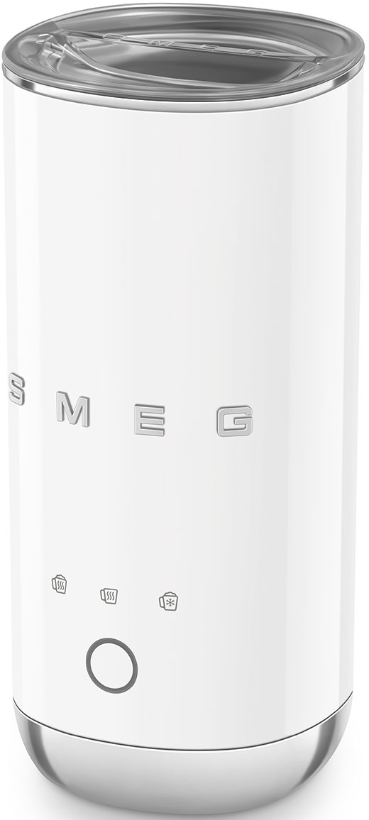 Un montalatte Smeg bianco con base e parte superiore argentate. Ha il logo Smeg e tre simboli in basso.