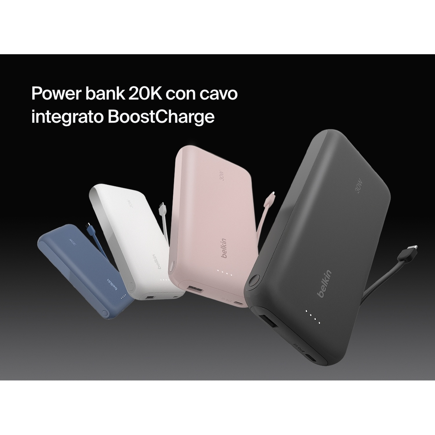 Quattro power bank Belkin blu, bianco, rosa e nero, ognuno con cavo e marchio. Sfondo nero.