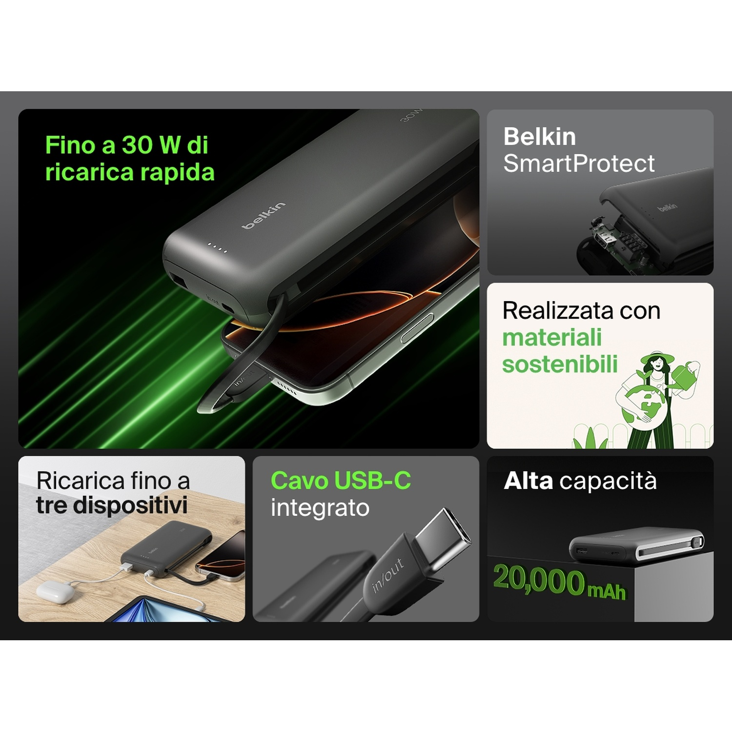 Power bank Belkin con ricarica telefono. Include ricarica rapida 30W, cavo USB-C e capacità 20.000 mAh.