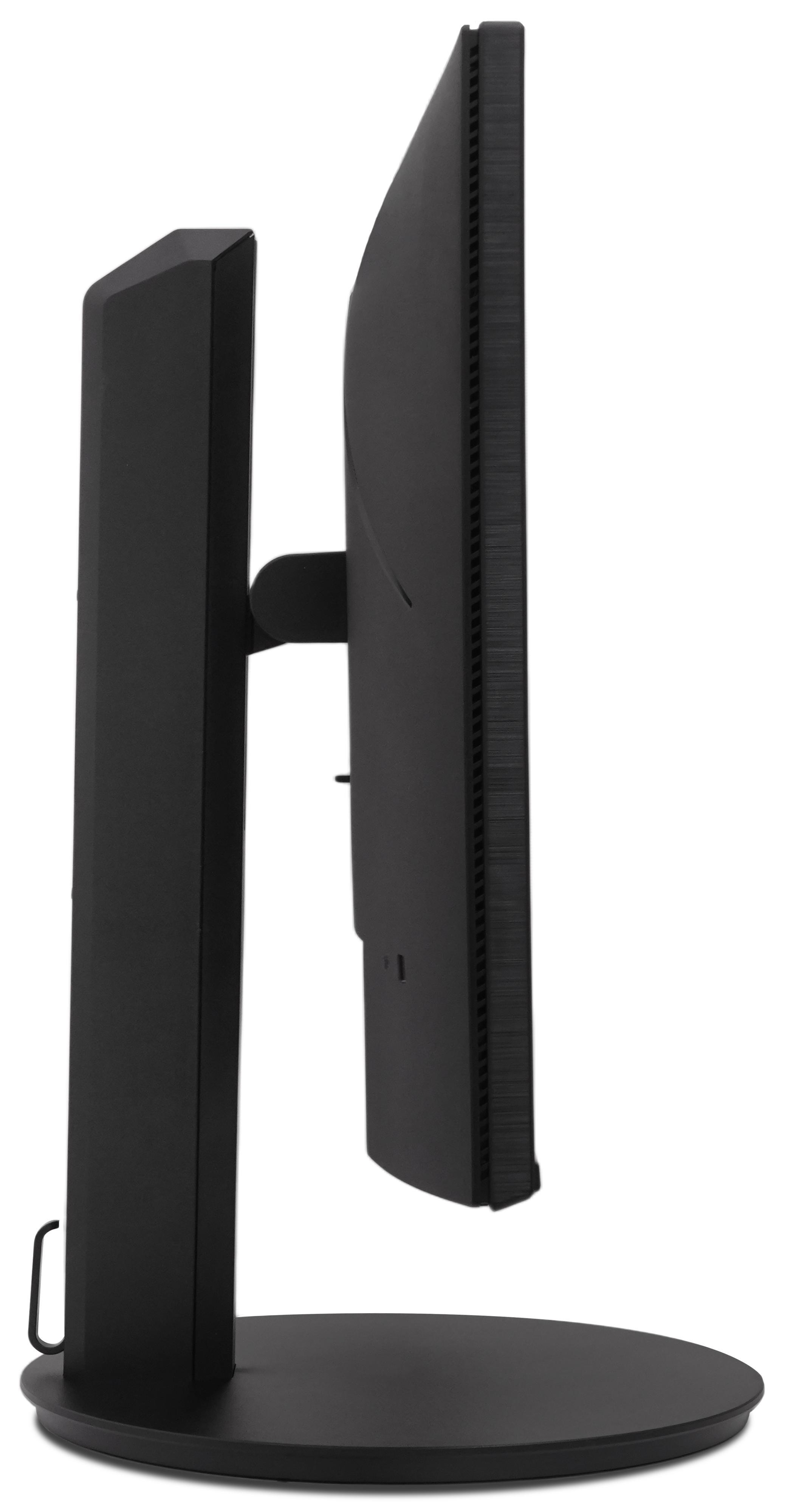 Seitenansicht eines schwarzen Computermonitors. Der Bildschirm ist rechts, der Ständer links. Der Hintergrund ist weiß.