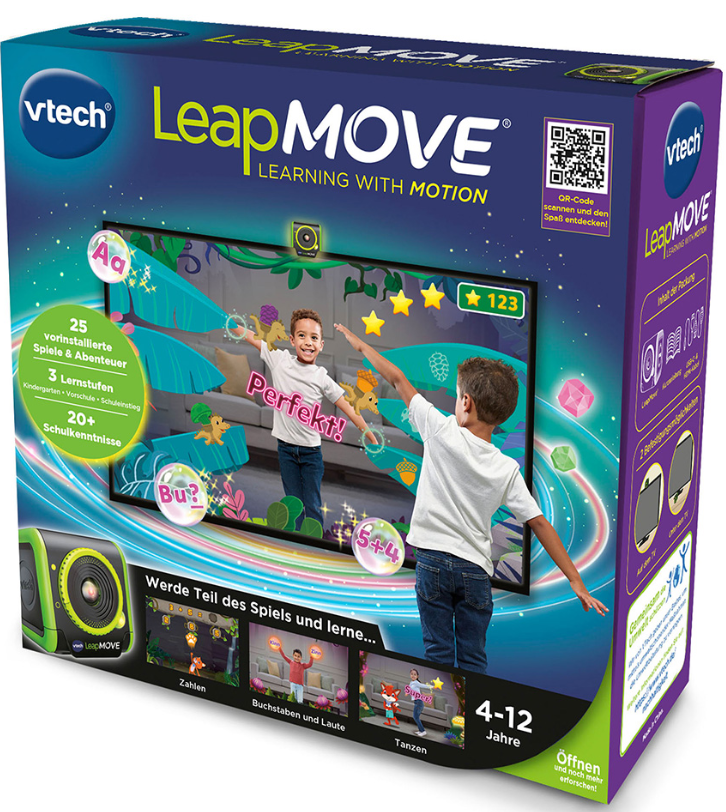 LeapMOVE-Box. Kinder interagieren mit einem Spiel auf dem Bildschirm. Enthält Text und Grafiken.