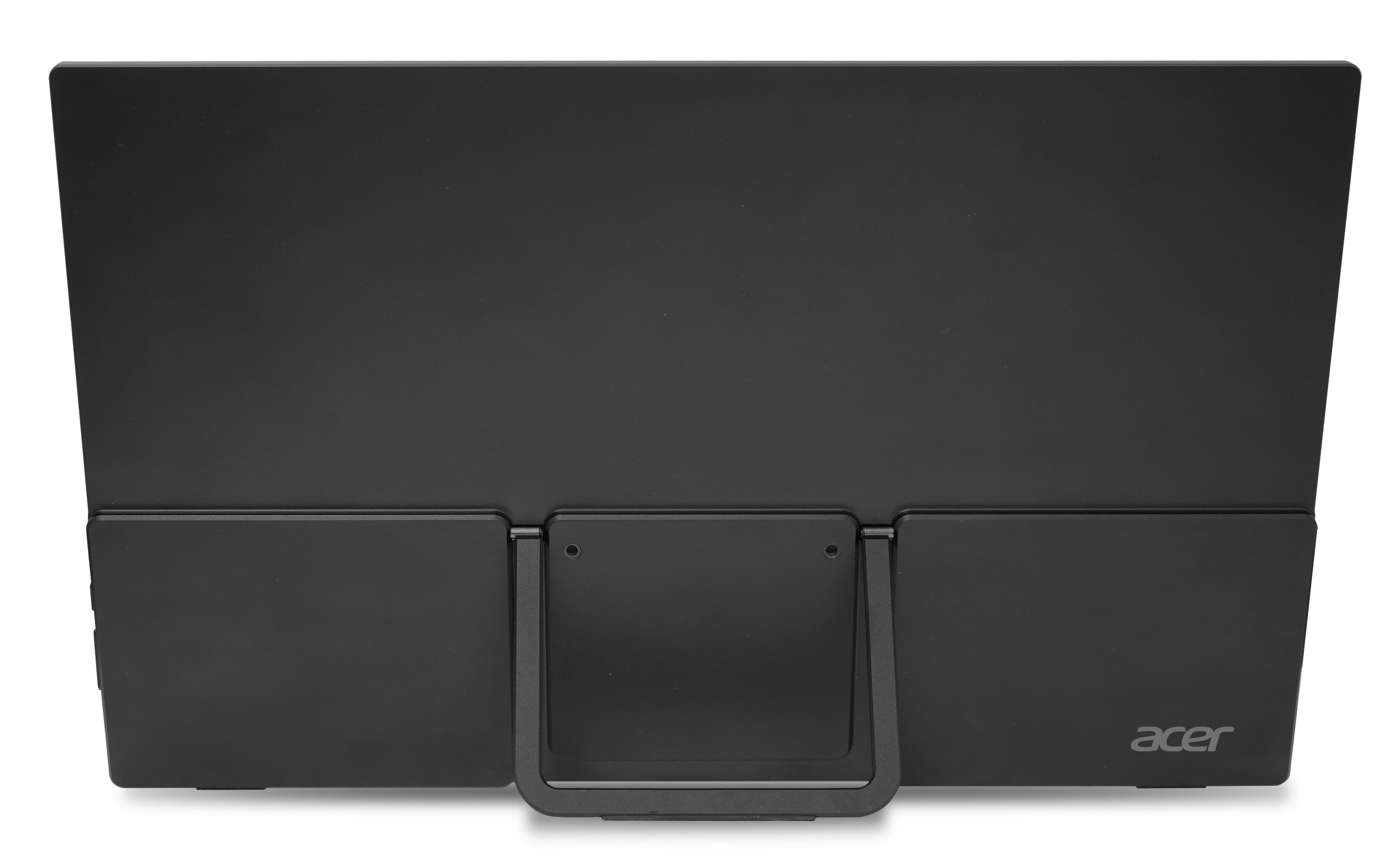 Die Rückseite eines schwarzen Acer-Tablets mit eingebautem Ständer. Das Acer-Logo ist unten rechts sichtbar.