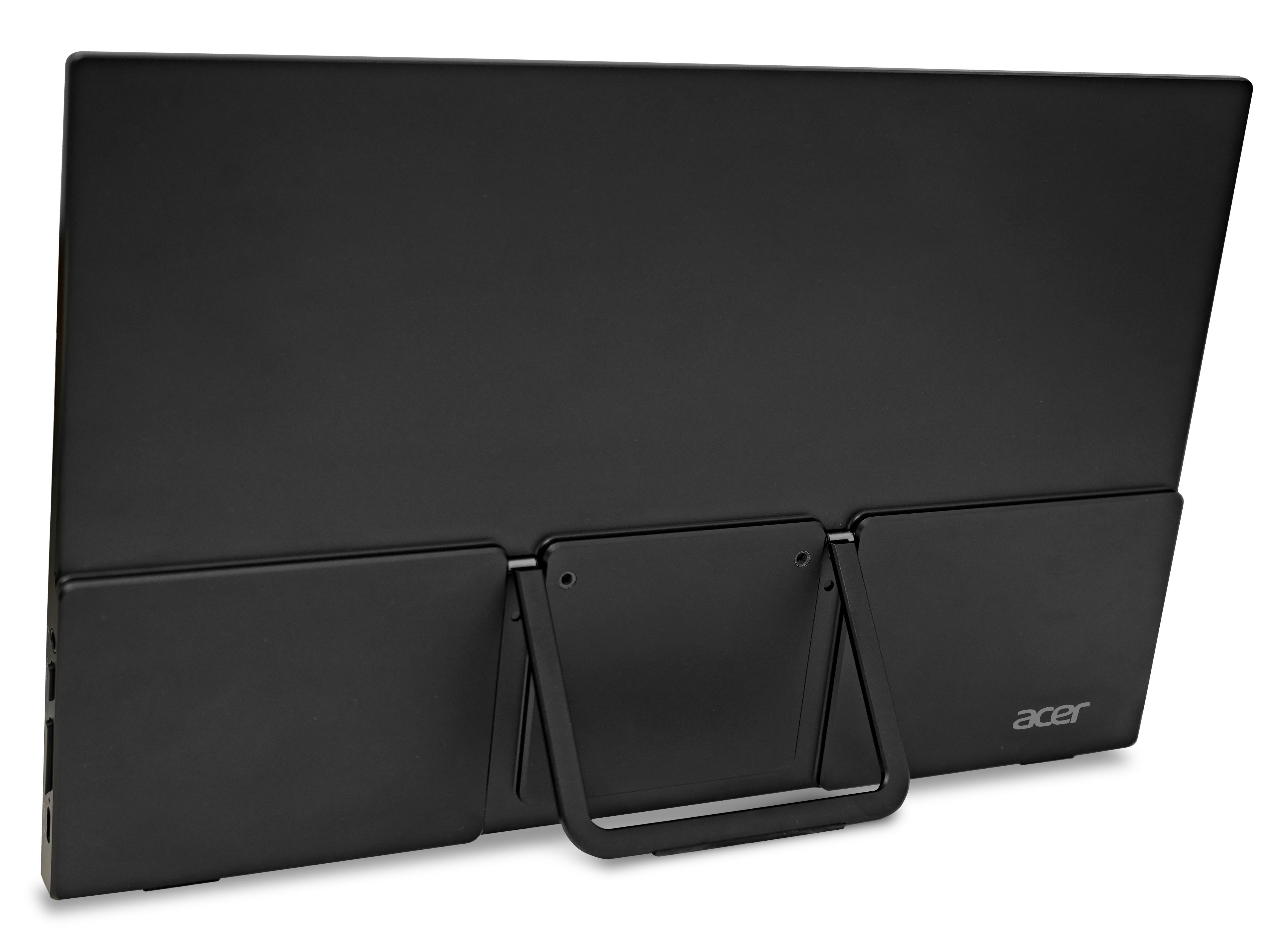 Ein schwarzer tragbarer Acer-Monitor. Er hat einen Ständer und einen schwarzen Rahmen. Das Acer-Logo ist sichtbar.