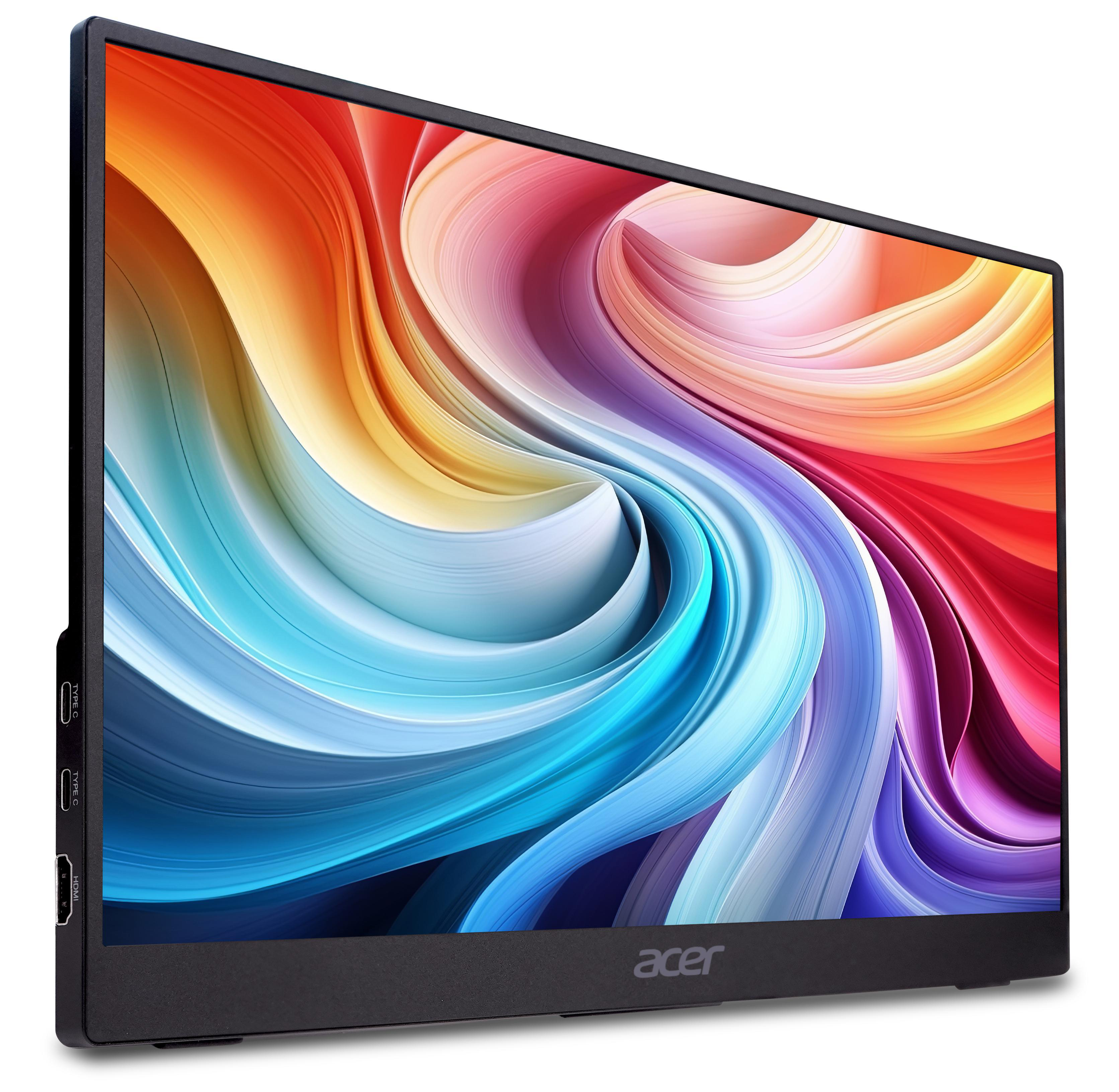 Acer-Monitor mit farbenfroher abstrakter Anzeige. Schwarzer Rahmen, Anschlüsse an der Seite, weißer Hintergrund.