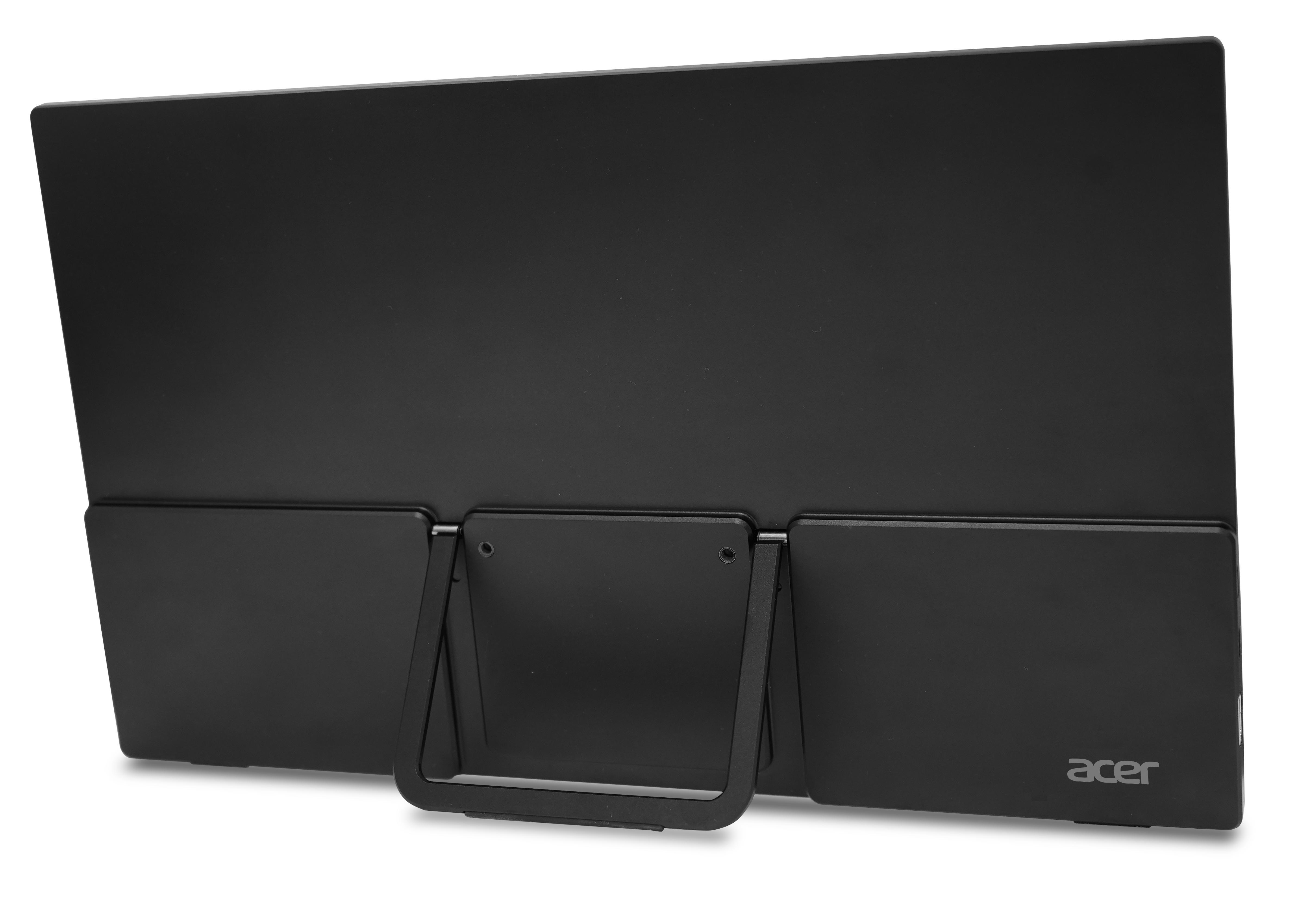 Ein schwarzer Acer-Monitor mit Ständer. Die Rückseite mit dem Acer-Logo ist sichtbar.