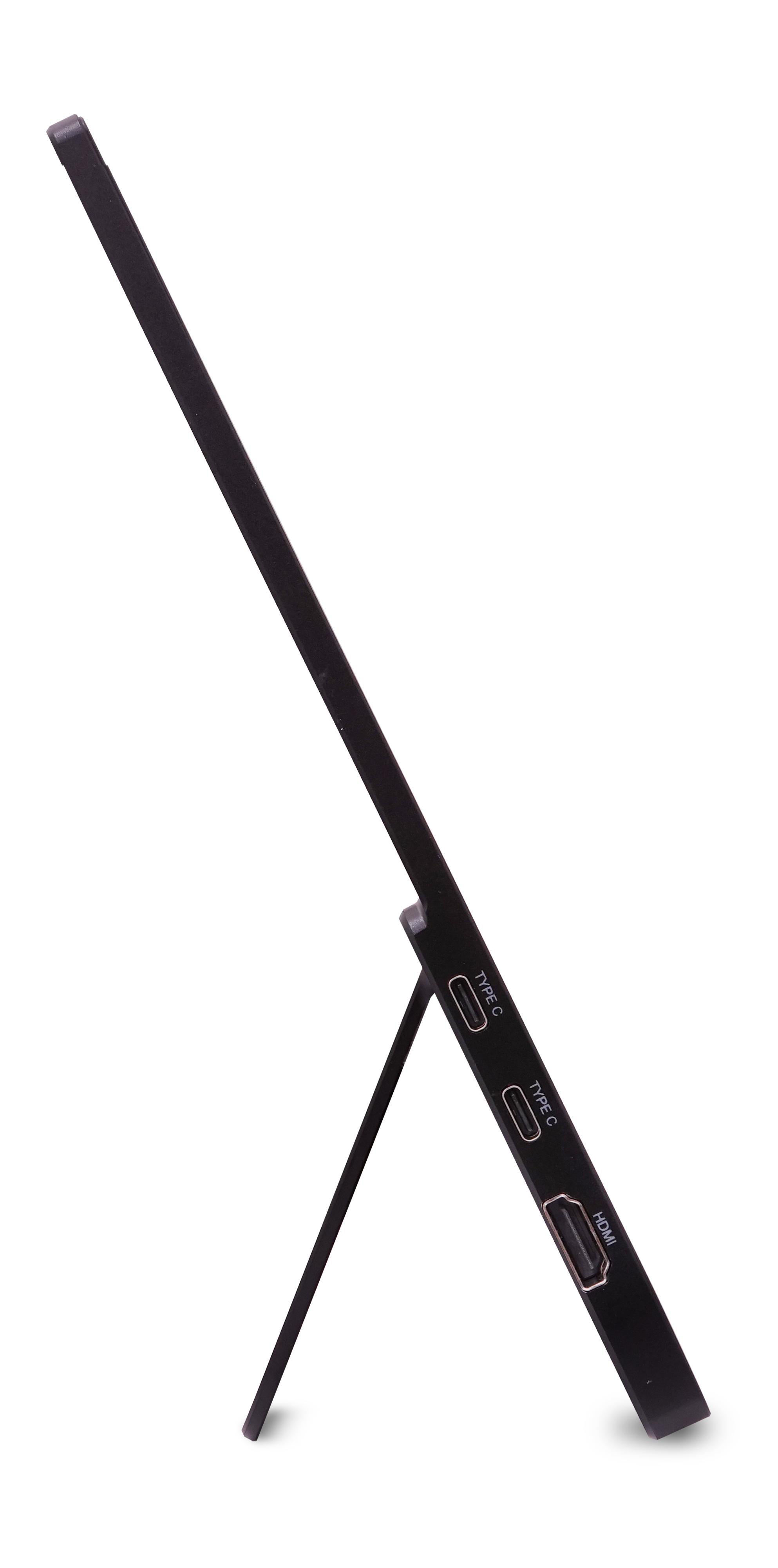 Ein schwarzes Tablet, das von einem Ständer gehalten wird. Anschlüsse sind Typ C und HDMI. Weißer Hintergrund.