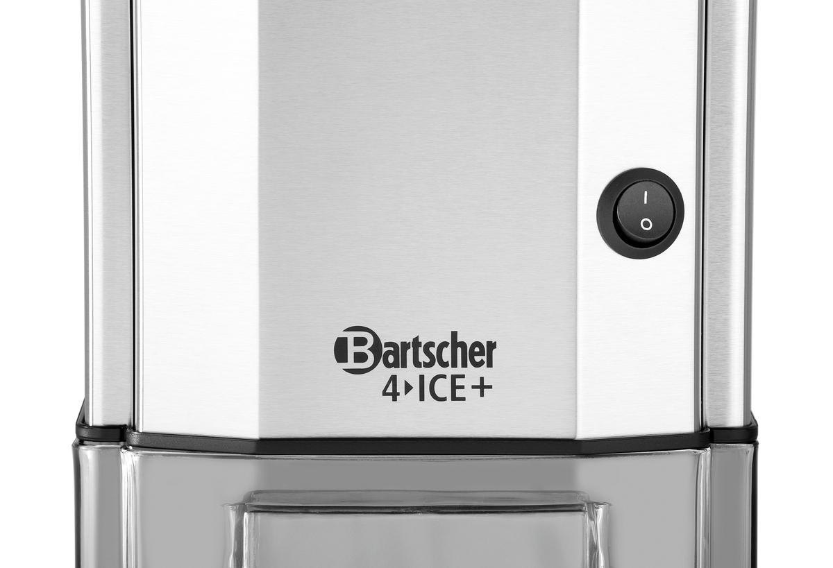 Ein Edelstahlgerät mit Ein-/Aus-Taste. Das Logo 'Bartscher 4 ICE+' ist sichtbar. Unten befindet sich ein transparenter Behälter.