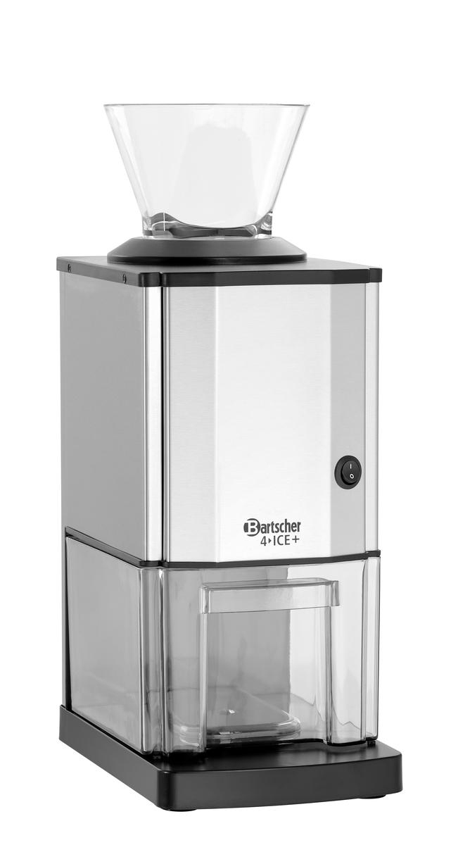 Eine silber-schwarze Eismaschine mit transparentem Aufsatz, einem Einschaltknopf und dem Markennamen 'Bartscher' ist sichtbar.