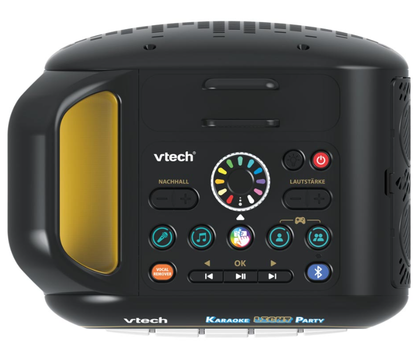 Schwarze Karaoke-Maschine mit Knöpfen, farbigem Lichtrad und goldenem Griff. Es steht 'vtech', 'Karaoke Light Party'.