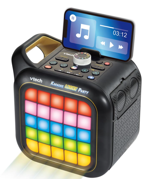 Schwarze Karaoke-Maschine mit Telefon, farbenfroher Lichtanzeige und goldenem Griff. Telefon zeigt Musik an. "Karaoke Light Party" steht drauf.