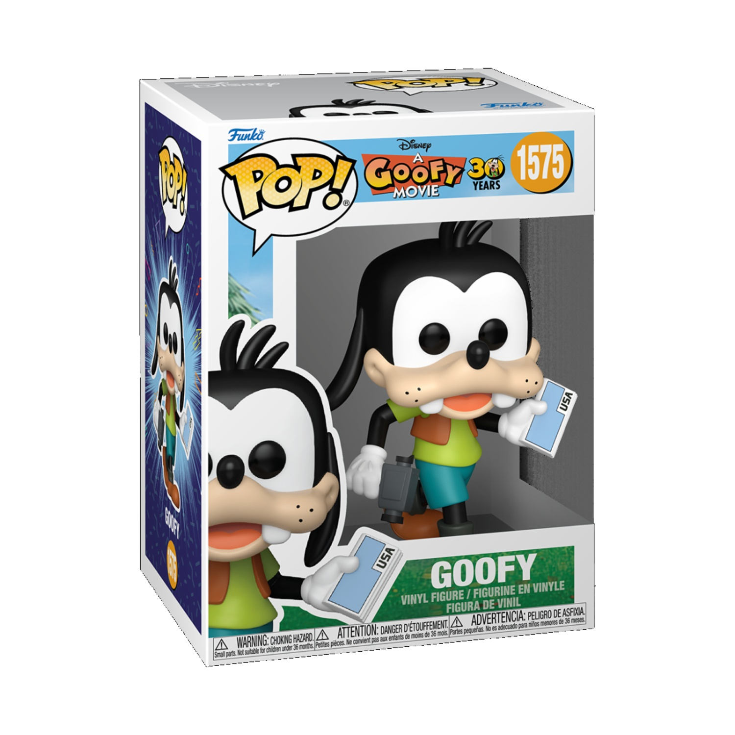 Statuetta Funko Pop di Pippo. Pippo tiene in mano una carta blu. La confezione presenta Pippo e il logo Funko Pop. Scritto 'Goofy' e '30 Years'.
