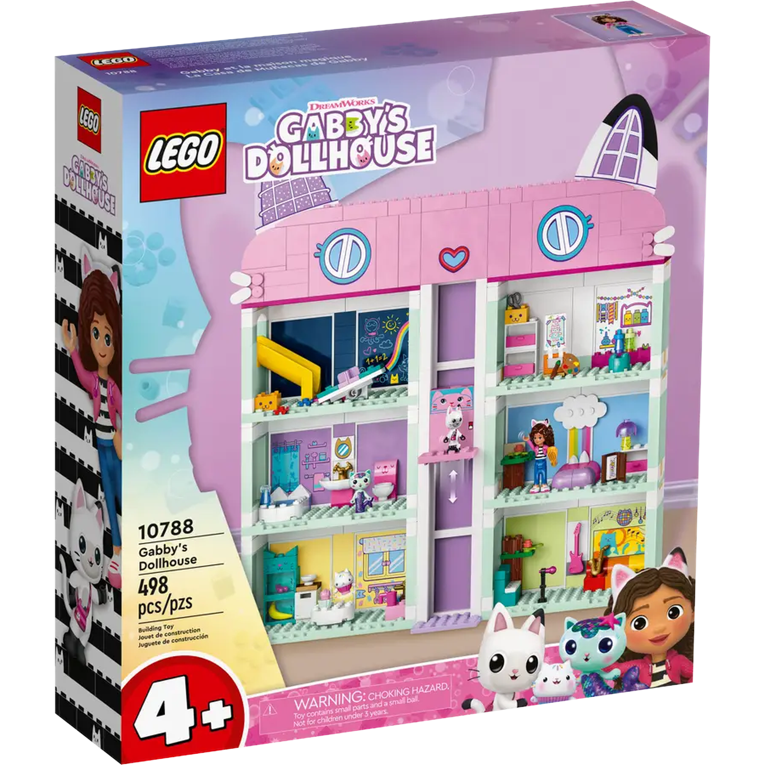Een Lego-boxset met Gabby's poppenhuis. De doos toont het poppenhuis, de karakters en het Lego-logo. Het is voor kinderen vanaf 4 jaar.