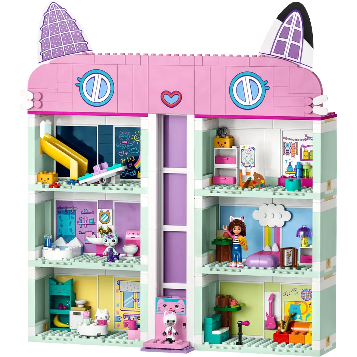 Een Lego kattenhuis met meerdere kamers. Inclusief een glijbaan, meubels en kattenfiguren. Roze en pastelkleuren domineren het ontwerp.