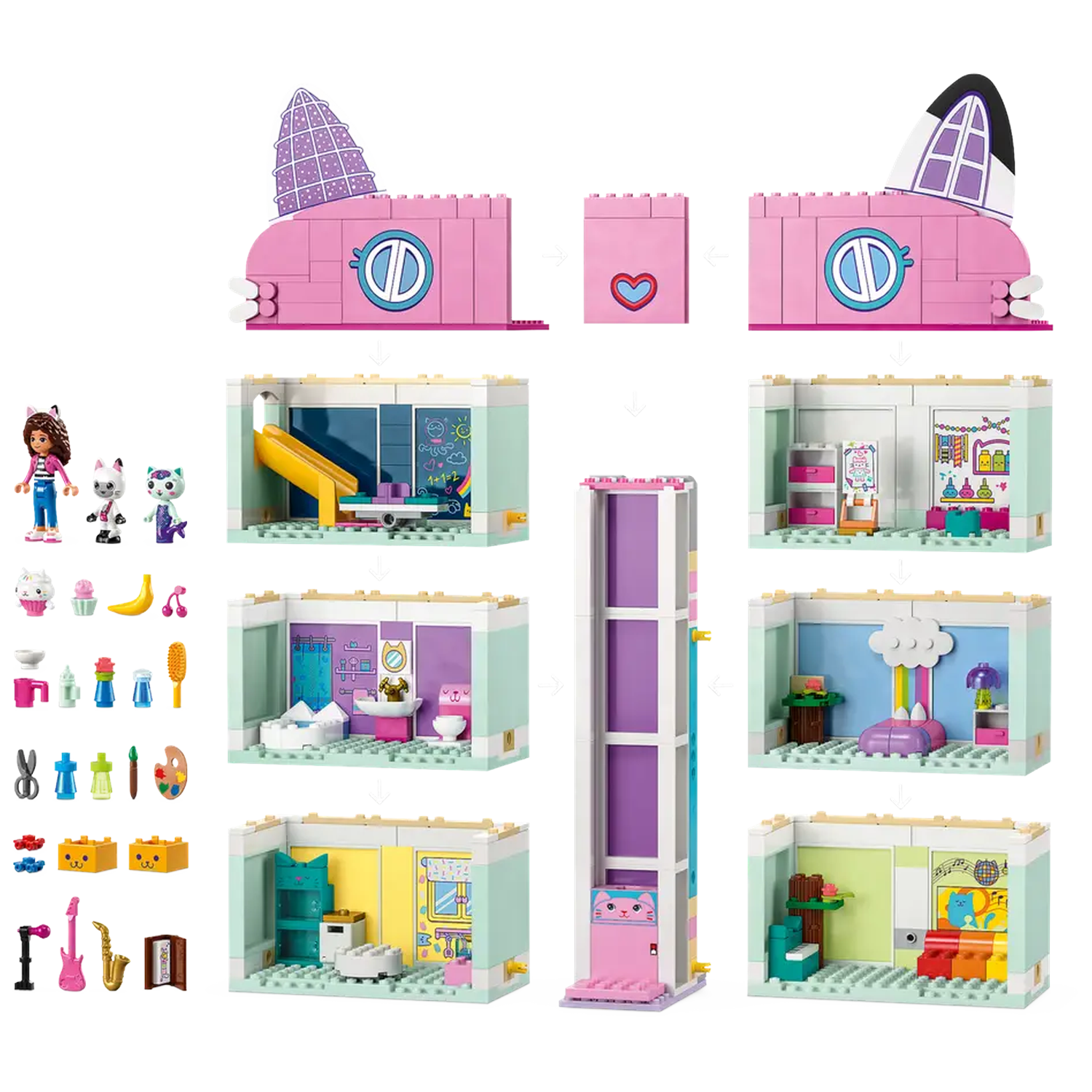 Een Lego-set met een roze kattenhuis, kamers, figuren en accessoires. Er is een lift, een glijbaan en verschillende kamerthema's.