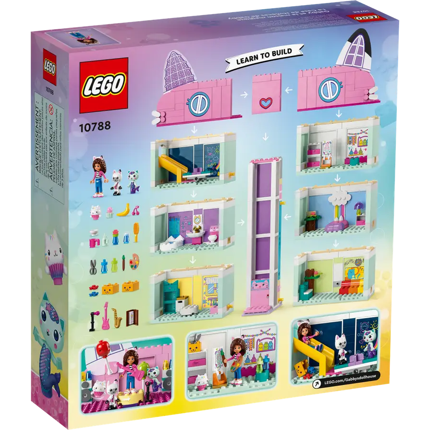 De Lego-doos toont een poppenhuis met verschillende kamers en figuren. De doos is roze, paars en wit.